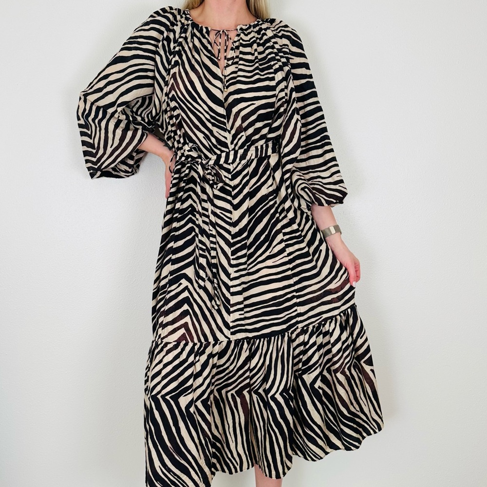 Banana Republic Zebra Animal Print 100% Silk Voluminous Lightweight Midi Dress - Picture 4 of 15